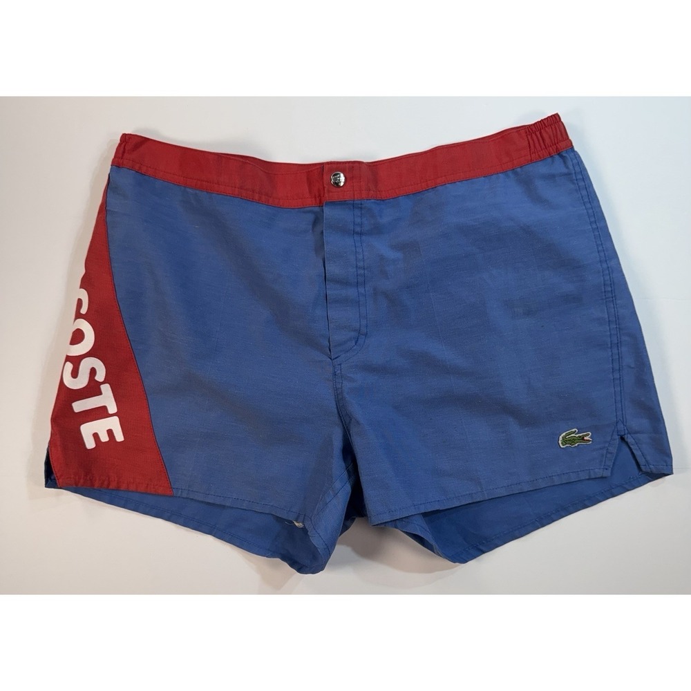 Lacoste Swim Trunks Mens 46 Blue Red Colorblock Croc Logo Shorts VTG